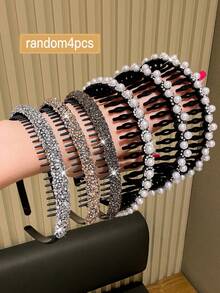 4 Stücke/Set Modische elegante Kristall & Kunstperlen besetzte Haarreife für Damen, geeignet für den täglichen Gebrauch, Make-up, Ausgehen, empfohlen als Geschenk Haaraccessoires Haarband - Verschiedenfarbig - Übersicht 2