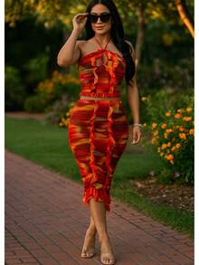 Tropical Waters Print Mesh Ruffle Halter Skirt Set  All Over Print    Boho    Ruffle Hem  Backless  Cut Out - trái cam - Xem 2