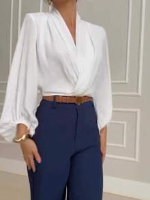 Women's Fashionable Elegant Long Sleeve Versatile Blouse Top, Solid Color Polyester, Spring/Summer - White - View 6