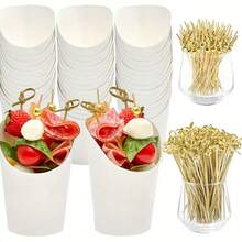 250件/50件 - 熟食杯（含烤肉串）、14盎司纸质小吃杯（含鸡尾酒签）、炸薯条架（棕色牛皮纸）、一次性爆米花盒（蛋筒）、派对板礼品（50杯+200支） - 彩色 - 查看 3