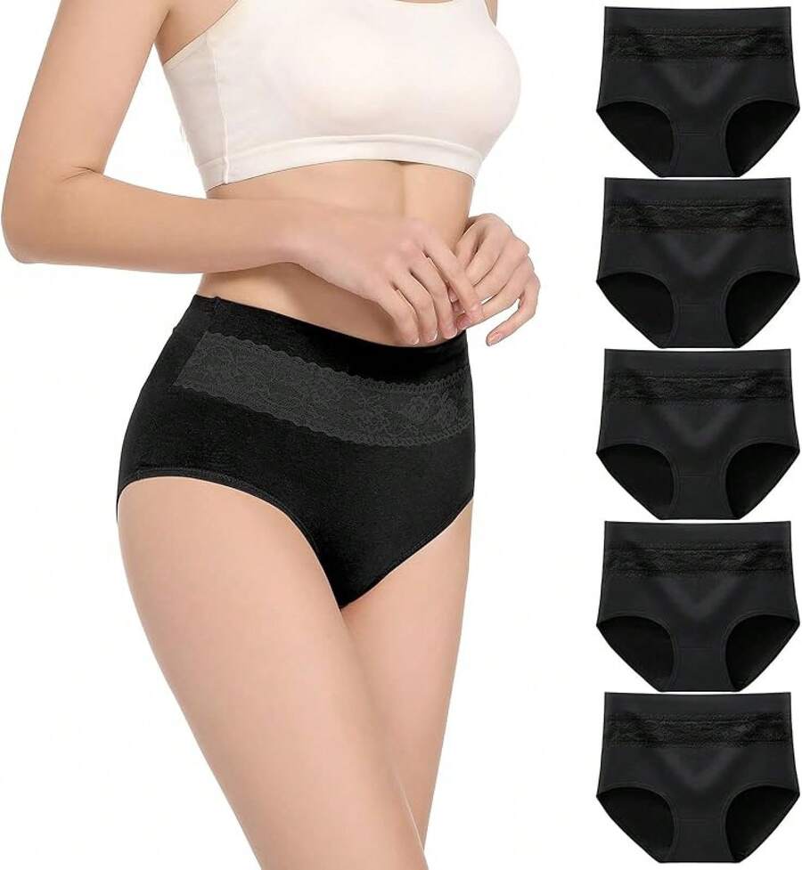 Women's Cotton High Waist Tummy Control Panties Jacquard Ladies Panty Multipack - Comfort - 簡報 06 - 5 件裝 - 黑色 - 查看 1