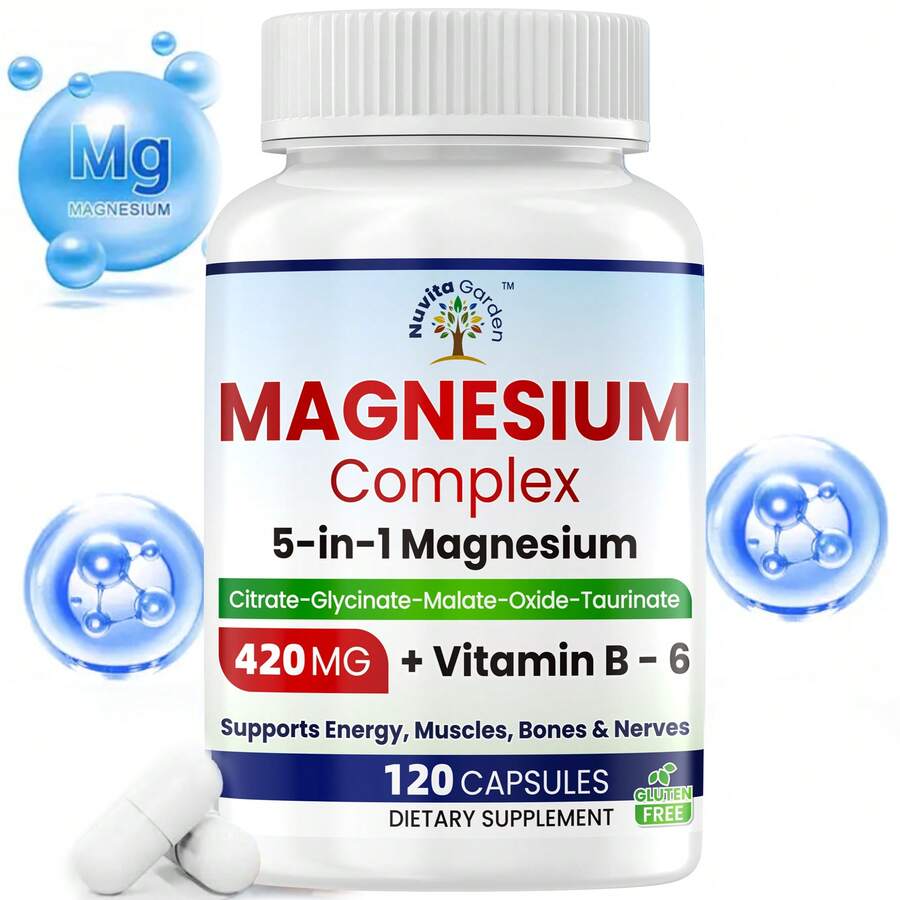 5-In-1 Magnesium Complex Supplement 420mg + Vitamin B6 30mg, Support Heart, Relaxation, Sleep & Bone Health - 120 Vegan Capsules - unflavor - 查看 1