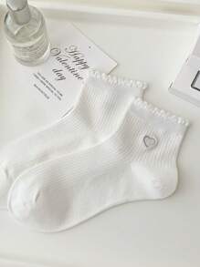 4 Pairs Of Black And White Women's Socks, Silver Flower Love Bow Embroidery Ladies Short Socks Ankle Socks, Daily Casual Sports Wear