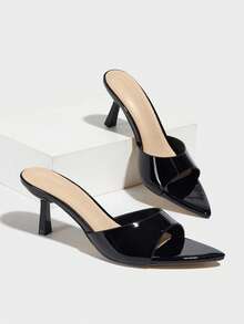 女士高跟凉鞋,适合派对、户外旅行、时尚场合、宴会,尖头设计,猫跟,PU皮革,套脚式,亮面,纯色,舒适材质,性感踝带,优雅奢华,黑色,休闲高跟鞋,春夏穿搭 - 黑色 - 查看 7