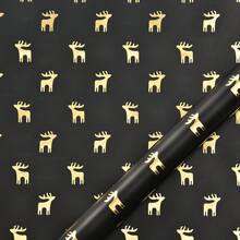 6pcs/Pack Metallic Gold Christmas Wrapping Paper, Vintage Foil Printing High-End Black Gold Christmas Tree & Deer Pattern Gift Box Decoration Paper