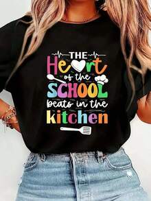 The Heart Of The School  In The Kitchen Lunch Lady T-Shirt Print T-Shirt Casual Crew Neck Short Sleeve Comfort Tee Top For Spring & Summer Women's ClothingTee - màu đen - Xem 1