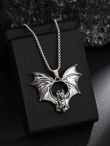 1pc European & American Gothic Style Bat Pendant Necklace, Halloween Gift Accessory, Large Gold-Tone Stainless Steel Gothic Jewelry Necklace, Personalized Black Necklace, Daily Wear For Men - New Bat Necklace - View 17