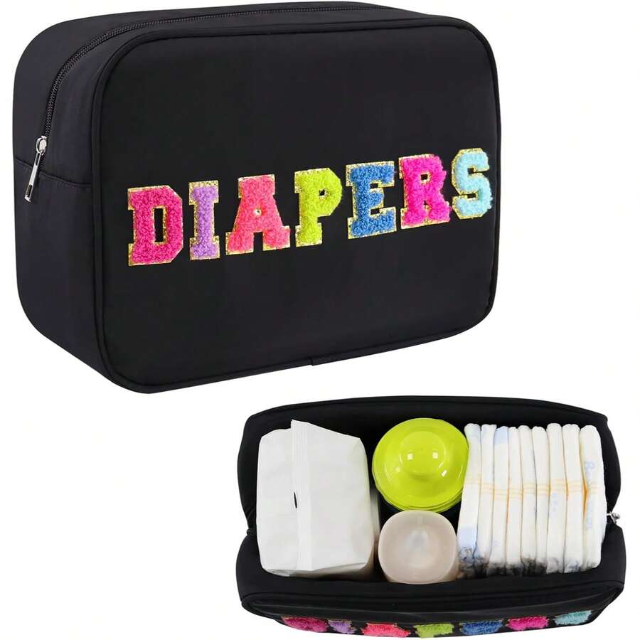 Portable Small Diaper Bag, Chenille Letter Diaper Caddy Organizer Pouch Newborn Baby Essentials Must Haves For Nursery Changing Table, Waterproof Diaper Pail Baby Shower Gifts For Mom To Be - Black - View 1