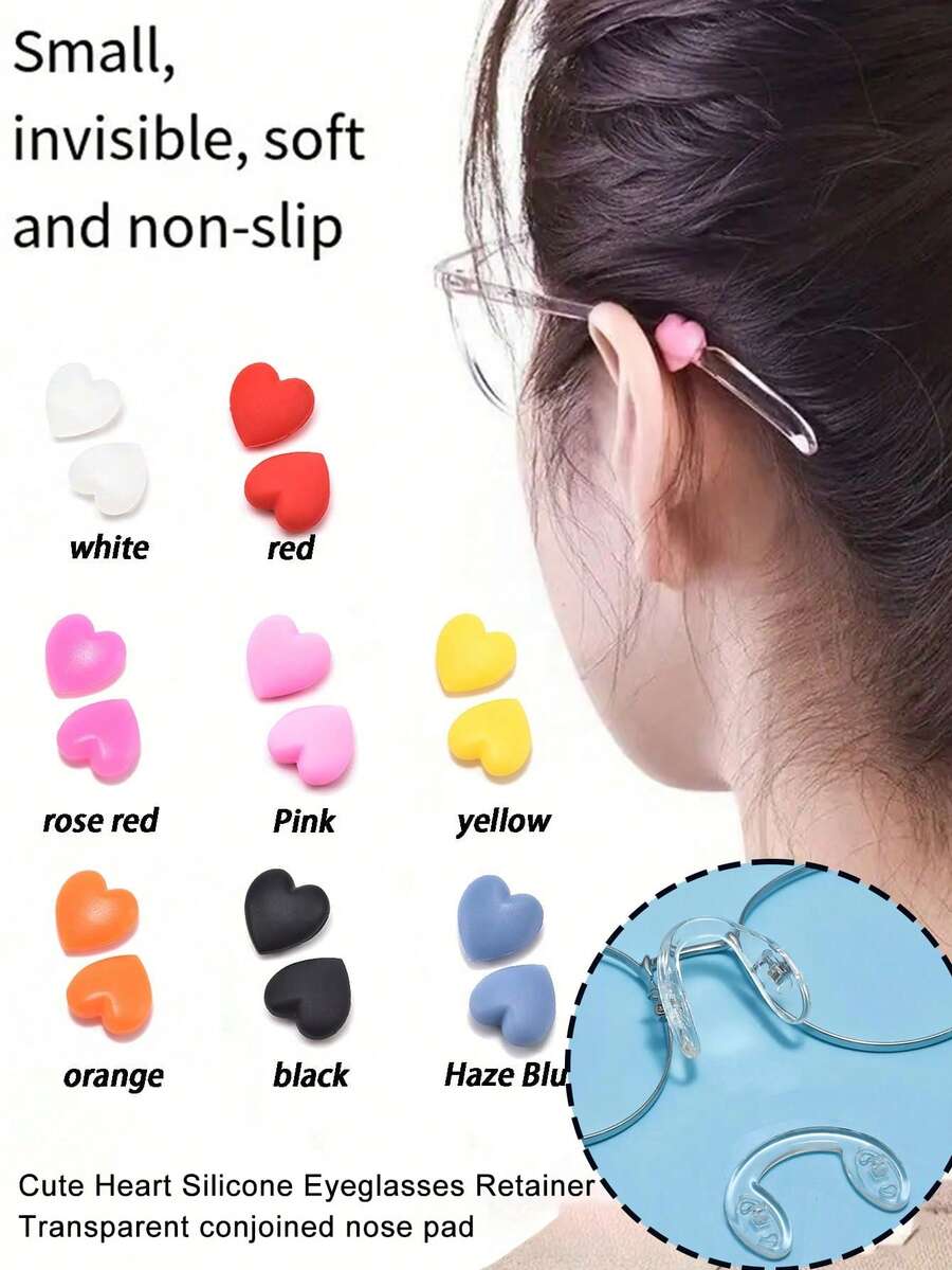 透明超柔软硅胶眼镜鼻托，一对可爱心形硅胶眼镜固定器，一体式鼻托，水滴形鼻托 - 舒适贴合眼镜框配件鼻托，一体式眼镜鼻托，眼镜耳夹耳钩防旅行必需品旅行配件度假暑假返校 - 彩色 - 查看 1