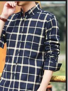 Men's Long-Sleeved Plaid Shirt, Casual Shirts, Striped Streetwear, Fashion Tops - 藏蓝色 - 查看 4