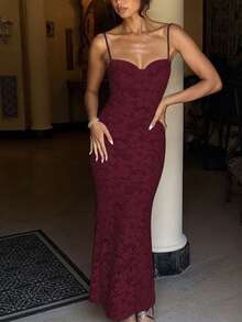 女士优雅性感蕾丝吊带修身长裙，适合度假、派对、晚宴、婚礼、春季等场合 - 酒紅色 - 查看 2