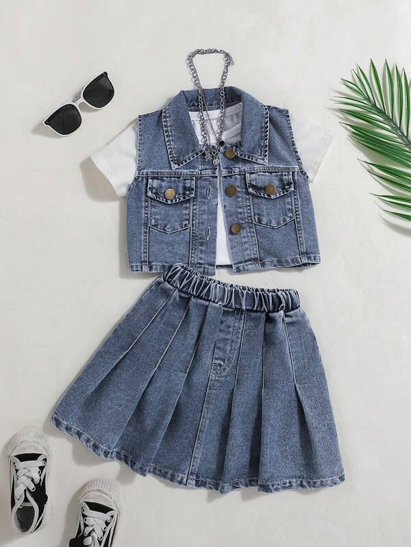 (Ohne T-Shirt) Mädchen Jeans ärmelloses Kragen Cardigan Crop Top + Rock 2-teiliges Set, coole Wahl für Mädchen für Outdoor, Reisen und Urlaub