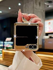 奢华电镀不对称水波纹水钻圆环闪光皮革手机壳适用于三星 Galaxy Z Flip 5 Z Flip 6 ZFlip 4 ZFlip 3 5G 时尚闪亮防震后盖防水防摔防刮 - 金色 - 查看 4