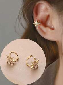 1 Pair Fashionable Zirconia Star Copper Earrings, Ear Cuff Non-Piercing Delicate Ear Clip On Earrings, Elegant Accessories Suitable For Women, Daily Wear And Holiday Gifts
