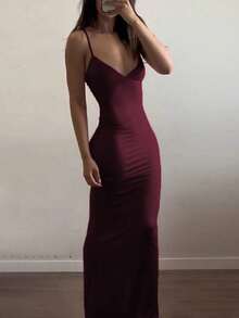 Long Dress With Straps Without Padding, Plain, Elegant, Parties, Sensual, Tight, Butt-Lifting, Suplex Fabric, Fashion, Summer, Sleeveless, 2025, Basic Evening - 紅木色 - 查看 1
