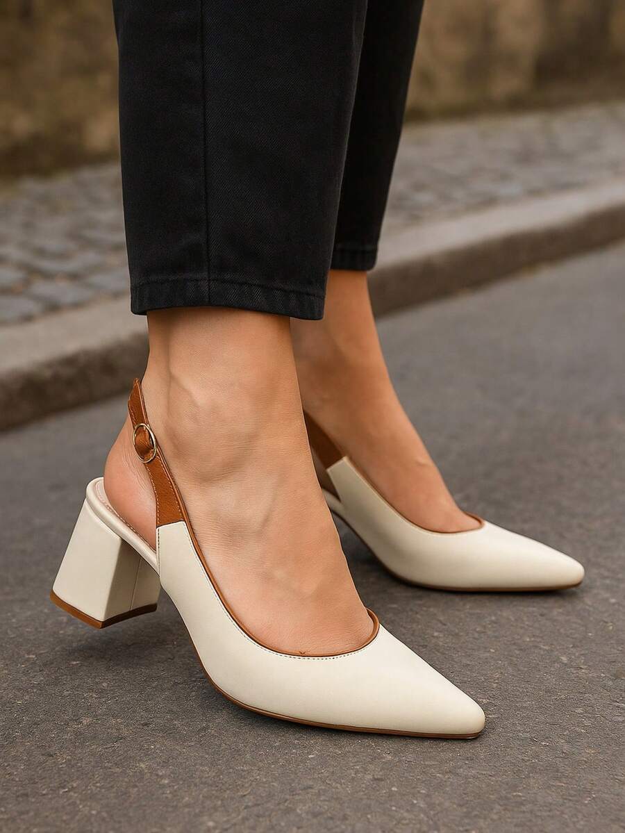 BLOCK HEEL PUMP OPEN BACK WHITE Simple Elegant Office - White - View 1