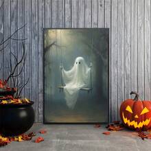 1 件秋千帆布海报 - 可怕的万圣节墙壁艺术与可爱的幽灵，带框卡通风格装饰，适合客厅、卧室或家庭办公室，室内使用，非常适合儿童房或浴室，万圣节装饰