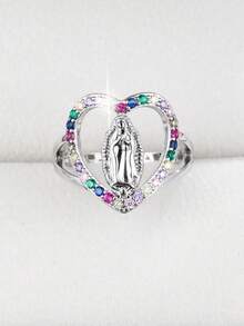 1pc Fashion Virgin Mary Heart Shaped Design Cubic Zirconia Adjustable Ring For Women