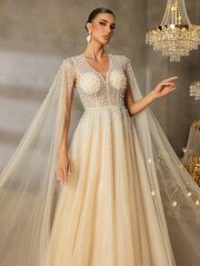 Faeriesty 奢华 V 领串珠晚礼服，搭配加长袖和夸张 A 字裙摆，优雅优雅，适合红毯盛典、黑色领带颁奖典礼、高调婚礼、奢华晚会、正式慈善活动