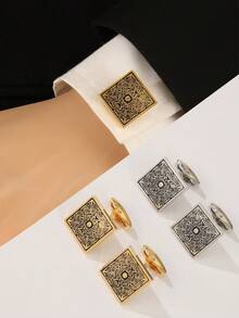 1 件男士银色复古金属圆形波浪条纹袖扣，可调节衬衫袖口配饰，适合休闲返校使用 - 金色 - 查看 1