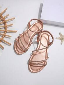 新款夏季露趾系带交叉松紧带平底凉鞋女式欧美风格 - 香檳色 - 查看 7