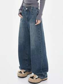 Teen Girl Retro American Style Loose Straight Leg Dark Blue Jeans, Snug Fit - Blue - View 8