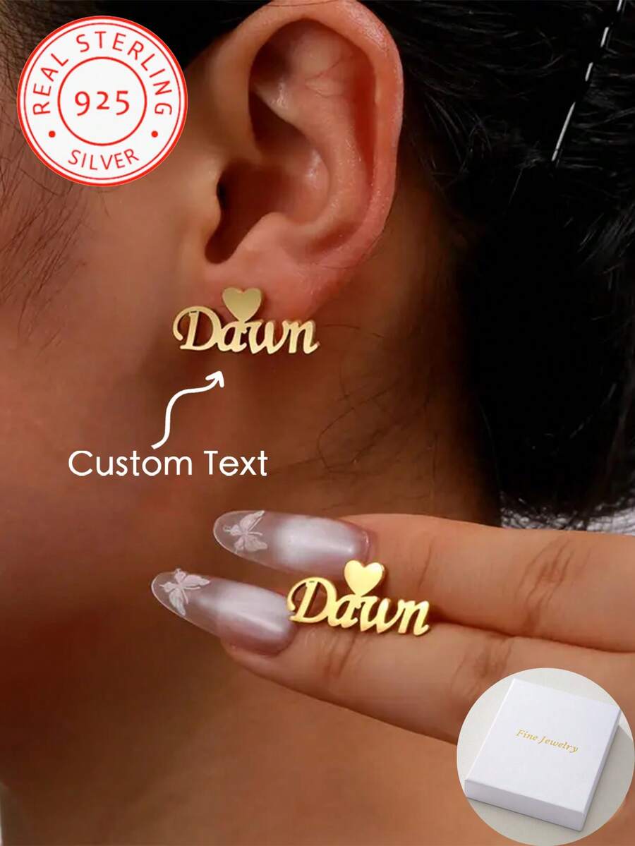 A Pair Of 925 Silver Custom English Name Earrings Earrings Pendants , Simple Atmosphere, Niche Design Unique And Versatile, Show Personalized Style - Yellow Gold - View 1