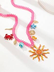 1 件夏日度假风格心形小盒旭日吊坠项链，海洋生物海星贝壳吊坠项链，海滩风情女士珠宝适合比基尼装、海滩、派对、日常穿着