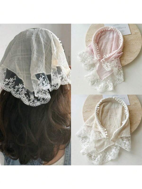 1pc Women's Sweet Pink & Beige Fabric Mesh Lace Headband, Indie Countryside Style Hair Accessories Halloween
