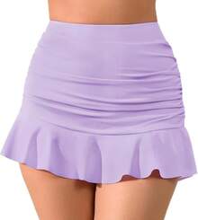 Shorts con falda de natación con volantes y fruncido de cintura alta, control de abdomen, Bottom de bikini tipo tankini para mujer Halcurt - Morado claro - Ver 1