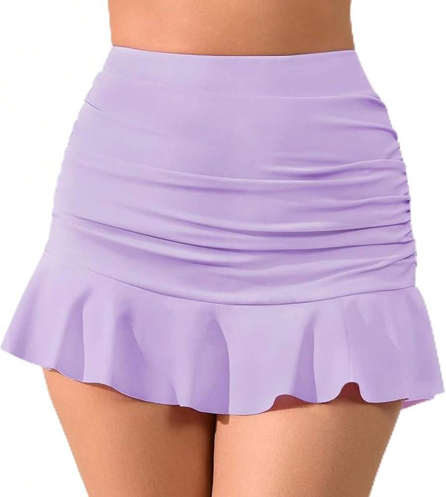 Shorts con falda de natación con volantes y fruncido de cintura alta, control de abdomen, Bottom de bikini tipo tankini para mujer Halcurt - Morado claro - Ver 1