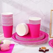 100Pcs Hot Pink Pa Rty Supplies Set Disposable Party Dinnerware Sets 50Pcs Paper Plates 25Pcs Napkin 25Pcs Cups For Wedding Birthday Party Supplies Table Decorations - 玫紅色 - 查看 6