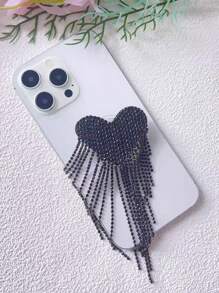 1pc New Creative Tassel Heart Nail Adhesive Universal Phone Holder, Crystal Telescopic Air Cushion Phone Stand, U Shape Finger Ring Grip, Elegant High-End Rhinestone Tassel Stand For Women Compatible With IPhone, Android Phone, Gift For Birthday, Family, Friends Phone Accessories