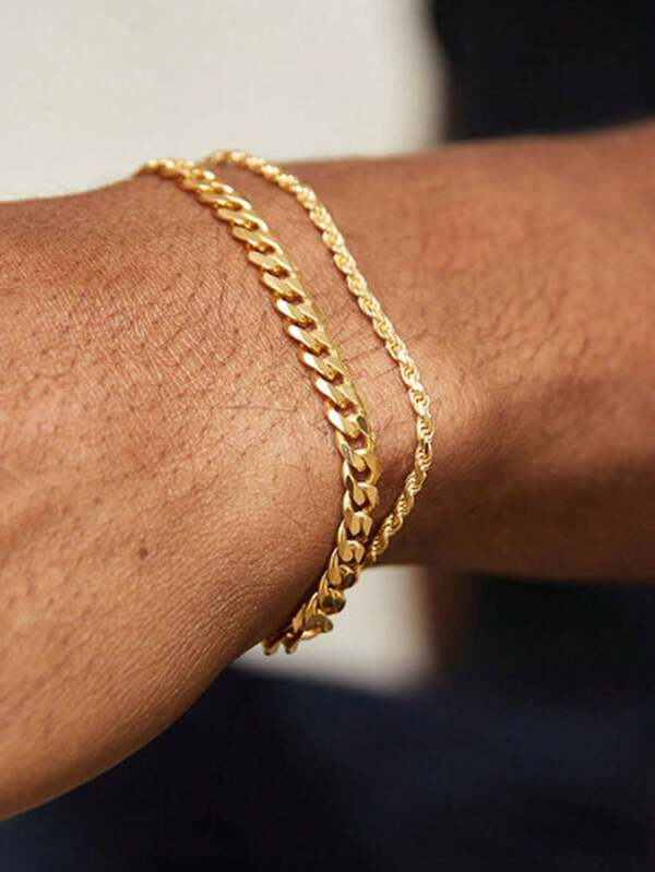 Set de 2 pulseras de cadena de acero inoxidable de estilo minimalista y de moda, adecuado para uso diario o vestimenta de playa de mujeres