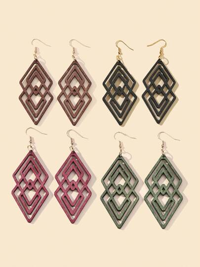 4 أزواج/مجموعة من الأقراط الخشبية الهندسية المجوفة للنساء، طراز بسيط وكاجوال وعتيق