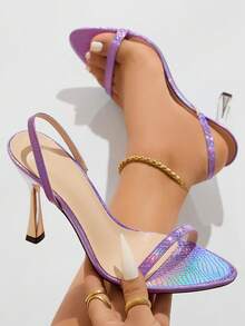 女士时尚性感露趾金属压花激光紫色面料舒适优雅银色粗跟春夏英式一脚蹬踝带迷人独特适合户外旅行、派对、夜间外出紫色高跟凉鞋 - 淡紫色 - 查看 2