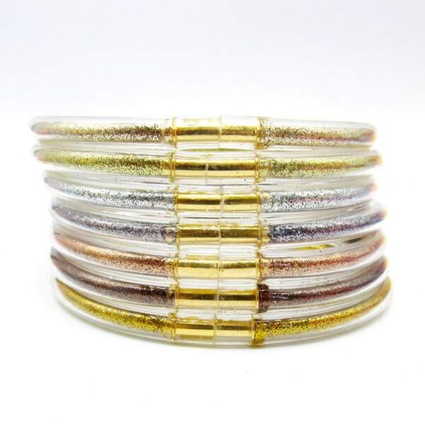 7 Stücke/Set Armreifen aus Regenbogenfarben-Glitzer gefülltem Silikon Jelly Armreifen für Frauen und Mädchen als Geschenk