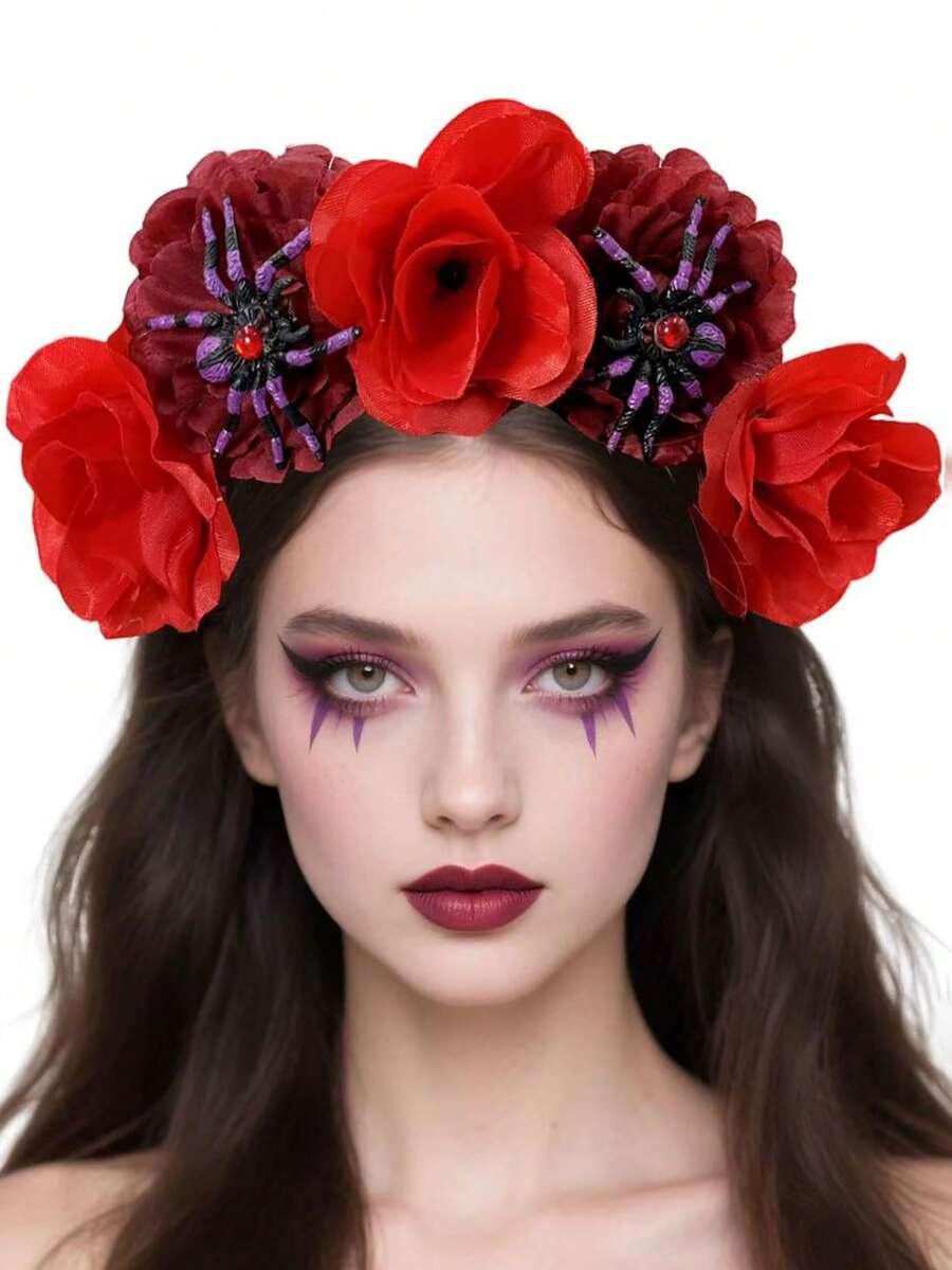 节日派对头带 万圣节服装 装扮头带 彩色仿真花 蜘蛛 个性头饰 - 彩色 - 查看 1