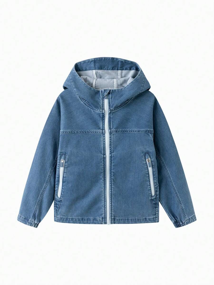 Balabala Boys Denim Hoodie Jacket 2025 Casual Zip-Up Outerwear For Kids - Denim Light Blue - View 1