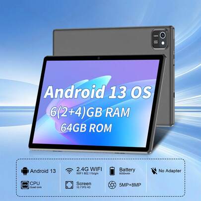 JIKOCXN 10 Inch Tablet, Android 13 Tablet, 2GB RAM + 64GB ROM + 512GB Expandable, Quad Core Processor Tablet, 1280 X 800 IPS HD Screen, 6000mAh, WiFi, GPS, Dual Camera Black