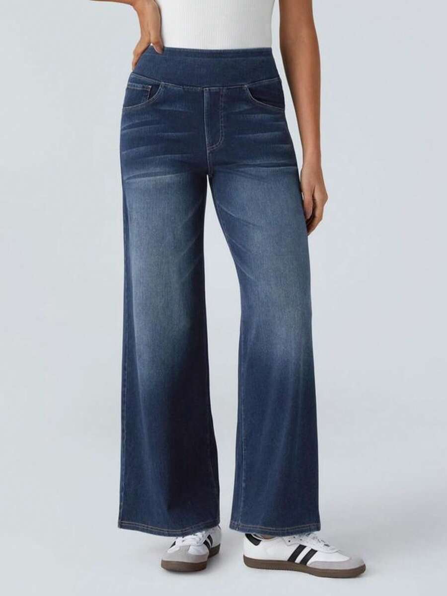 High-Waisted Whiskers, Yoga Jeans, High-Stretch Slim Loose Pockets, Wide Legs, High-Stretch Skinny Loose Pockets, Wide Legs - Màu xanh lam - Xem 1