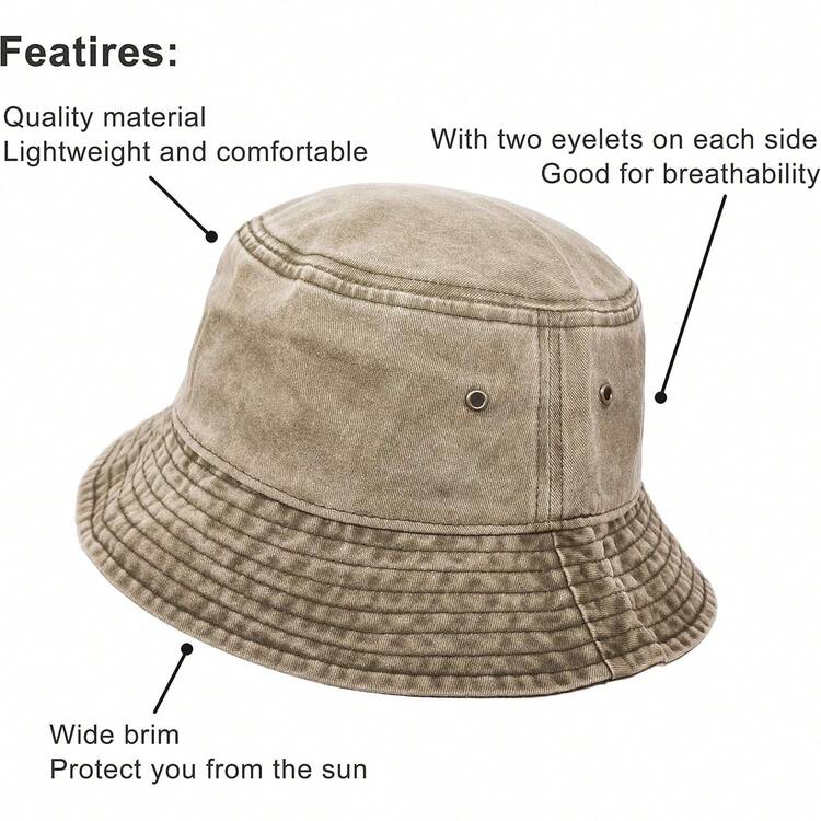 Bucket Hat, Wide Brim Washed Cotton Outdoor Hat Flat Top Cap Fishing Hiking Beach Sports - 灰色 - 查看 9