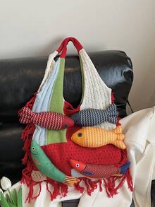 Swim Mod Bolso de mano de tejido hecho a mano, bolso de gran capacidad de punto multicolor, nueva bolsa de transporte 2025 - Multicolor - Ver 9