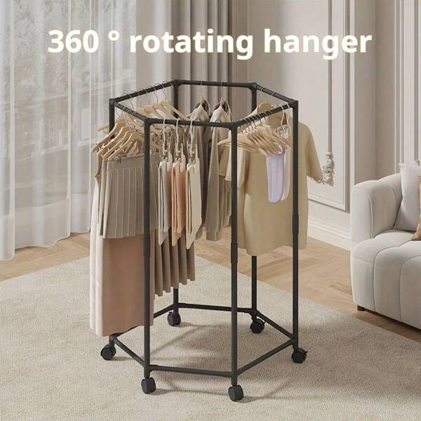 Hexagonal Rotatable Clothing Rack With Wheels, Heavy Duty Rolling Clothing Racks, Sturdy Metal Floor Standing Coat Hanger With Multiple Bars For Bedroom, Dormitory & Balcony, Floor Standing Rotatable Clothing Rack ,Portable Wardrobe Rack Hanging Clothes,Freestanding Garment Rack,Retail Clothes Display Stand, Laundry Room Organizer, Home Decor, Room Decor, Wardrobe & Closet Organizers