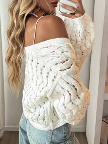FOR BEAUTY Spring/Summer New Women's Knit Cover Up Jacket, Casual Street Style, Hollow Button Design, Solid Color Long Sleeve White Cover Up Outerwear, Stylish Design, Suitable For Beach Vacation - White - View 7
