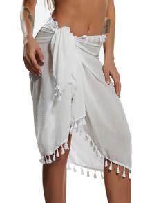 沙滩纱笼帕雷奥女士半透明泳装罩衫短裙带流苏 - 白色 - 查看 3