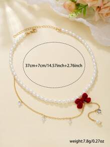 1pc Elegant Faux Pearl, Cubic Zirconia Flower & Bow Design Necklace, Suitable For Women's Daily Wear, Weddings, Engagements, Parties, Gift