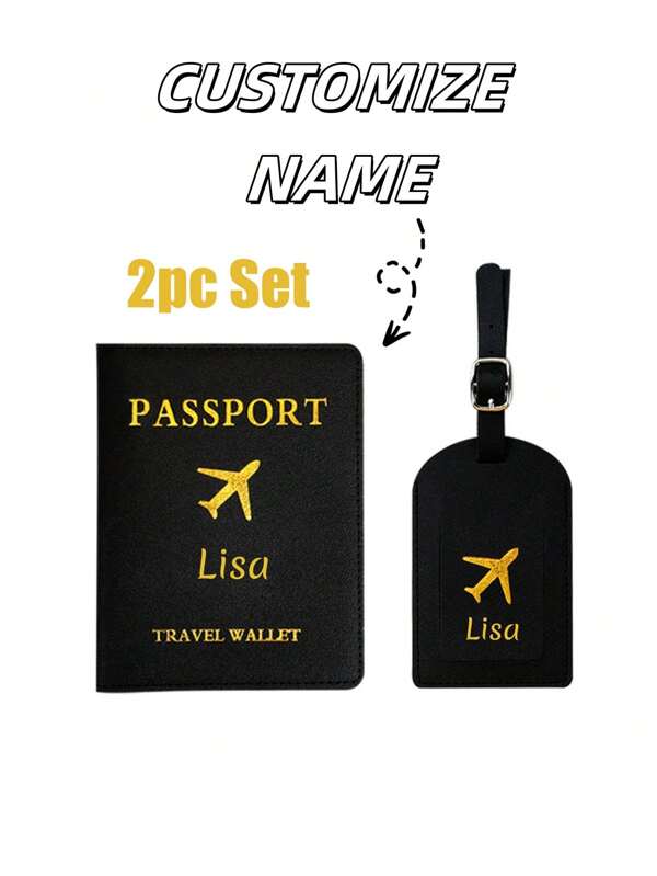 Conjunto de 2 Emblemas de Avião Dourado que Podem Ser Personalizados Com Seu Próprio Nome, Porta-passaporte com Etiquetas de Bagagem, Livro de Passaporte, Porta-passaporte, Bolso de Passaporte, Carteira de Passaporte, Bolsa de Passaporte, Perfeito para Férias, Perfeito para Volta às Aulas, Acessórios de Viagem Essenciais para Homens e Mulheres, Acessórios de Viagem, Conjunto de Acessórios de Viagem de Férias para as Festas