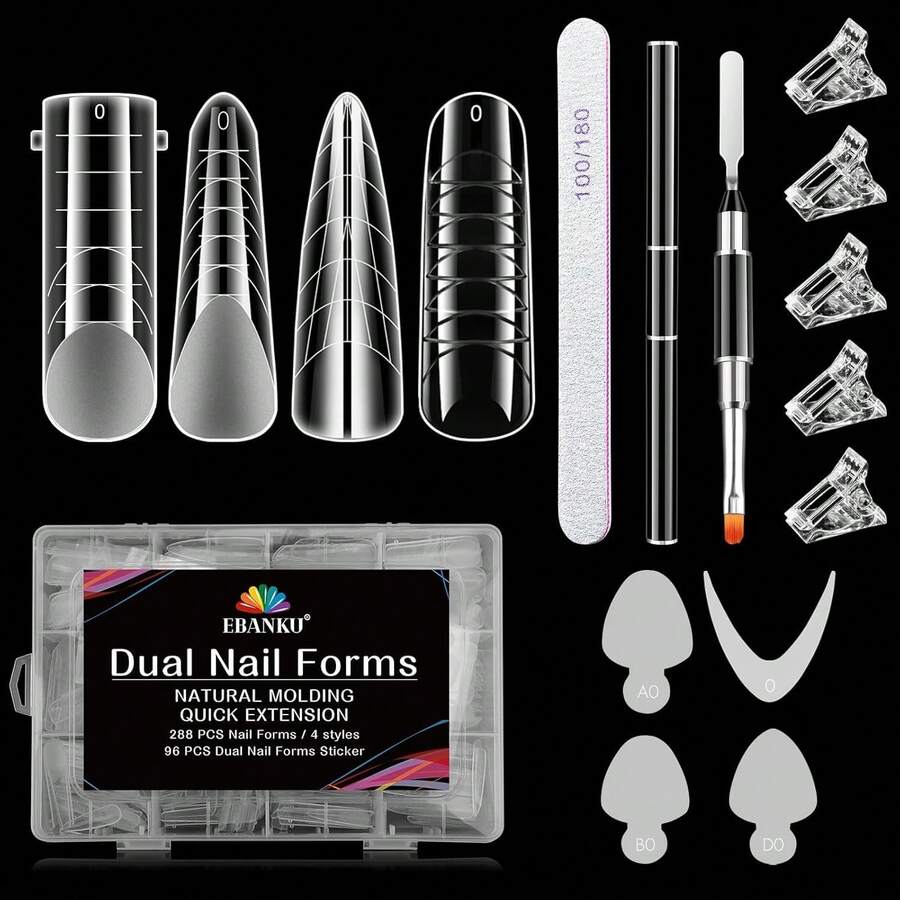 EBANKU Dual Form Kit, 192PCS Poly Gel Forms For French Nails, 96PCS Reusable Silicone Pads, 5PCS Clips, Brush Pen, Files Buffer, Extension Kit For Beginner - 4 Shapes & Nail Tools - View 1
