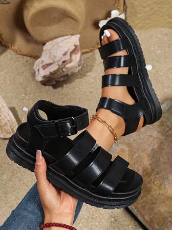 Women's Solid Color Platform Wedge Black Sandals, Casual Buckle Summer Sandals, Comfy Open Toe Sandals, Women's Flat Roman Sandals, Solid Color Open Toe Criss-Cross Lace-Up Anti-Slip Shoes